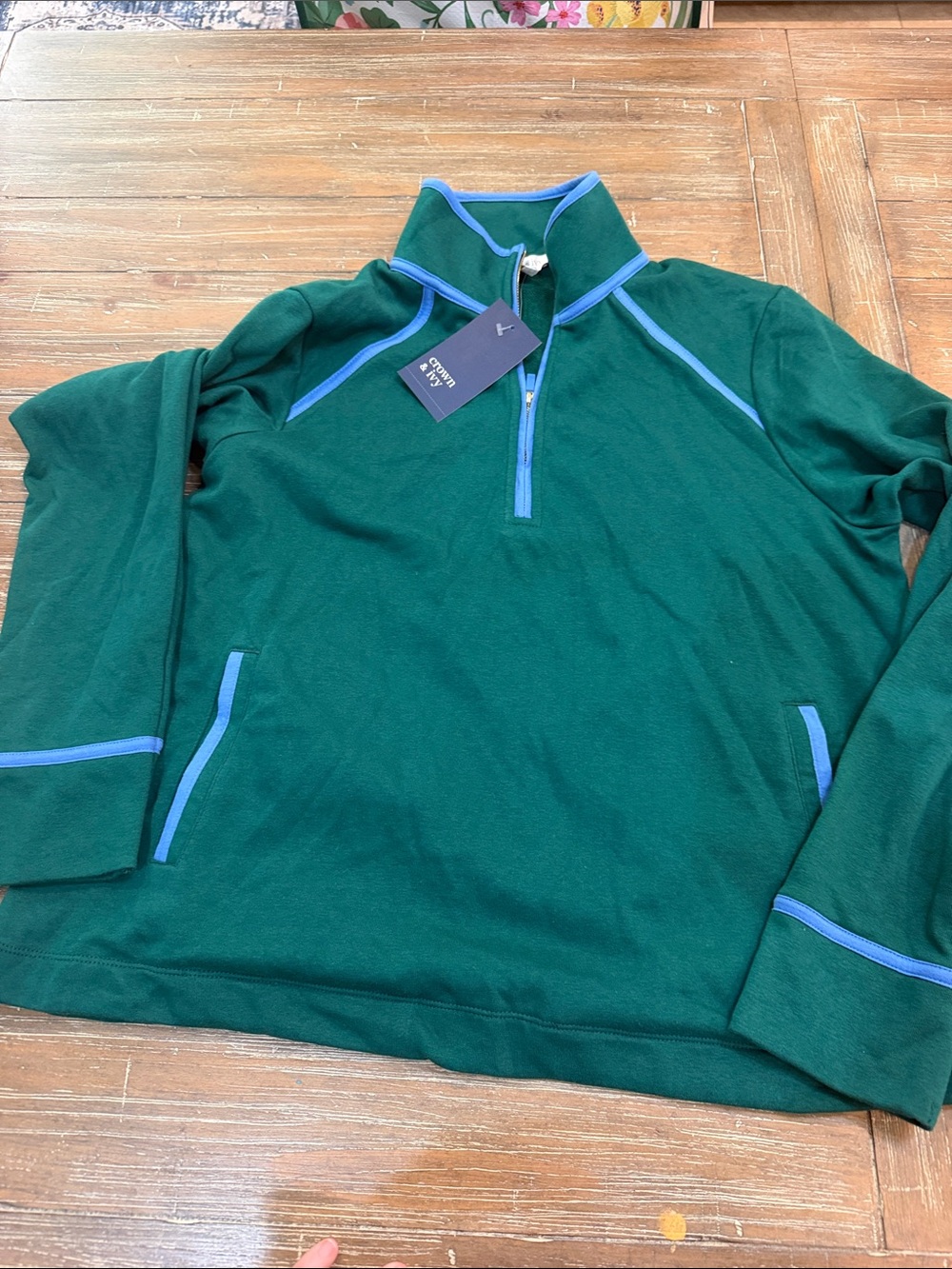 crown & ivy Forest Green Quarter-Zip Pullover with Blue Trim